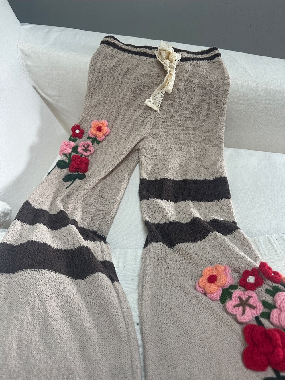 Brown Boho Women's Contrast Striped Crochet Sweater Pants